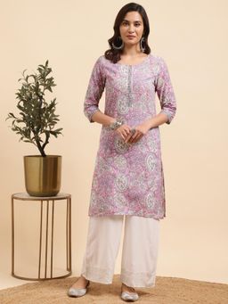 Rangita - Women Cotton Purple Jaipuri Printed Straight Kurta with Palazzo (Set of 2)