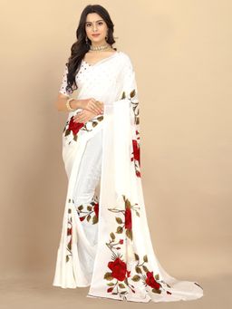 Rangita - Women Floral Printed Chiffon Saree with Unstitched Blouse - Off White