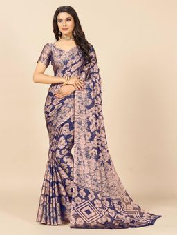 Rangita - Women Tie and Dye Floral Printed Chiffon Saree with Unstitched Blouse - Navy Blue