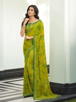 Rangita - Georgette Floral Printed Saree with Lace Border and Unstitched Blouse - Lime Green