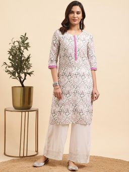 Rangita - Women Cotton Off White Floral Printed Straight Kurta with Palazzo (Set of 2)