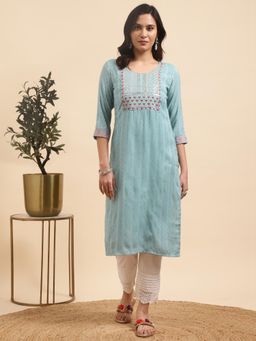 Rangita - Women Viscose Blend Teal Yoke Embroidered Partywear Kurta with Pant (Set of 2)