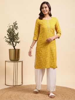 Rangita - Women Rayon Yellow Gota Lace At Yoke Straight Kurta with Palazzo (Set of 2)
