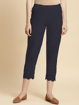Rangita - Women Cotton Navy Blue Solid Calf Length Straight Pant