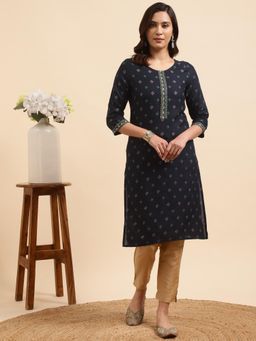 Rangita - Women Rayon Navy Contrast Placket Buta Printed Straight Kurta with Pant (Set of 2)