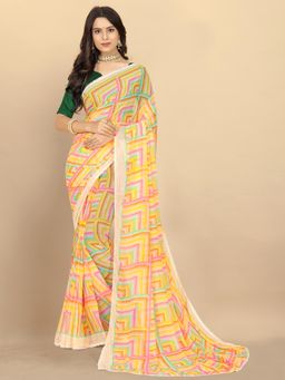 Rangita - Women Abstract Printed Georgette Saree with Unstitched Blouse - Yellow