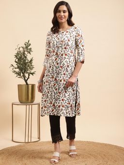 Rangita - Women Rayon White Floral Printed Calf Length Straight Kurta with Pant (Set of 2)