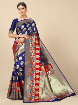 Rangita - Women Banarasi Silk Zari Work Saree with Unstitched Blouse - Navy Blue