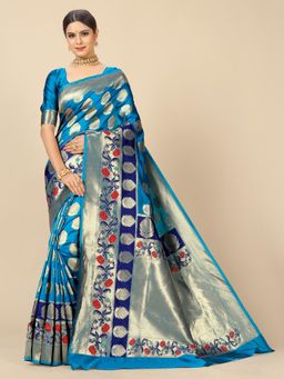 Rangita - Women Banarasi Silk Zari Work Saree with Unstitched Blouse - Turquoise