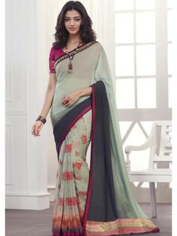 Rangita - Half and Half Printed Georgette Saree with Lace Border and Unstitched Blouse - Mint Green