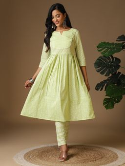 Rangita - Women Cotton Lime Green Sequined Calf Length Anarkali Kurta with Pant (Set of 2)