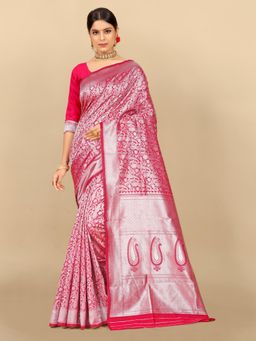 Rangita - Women Paisley Woven Banarasi Silk Saree with Unstitched Blouse - Fluorescent Pink