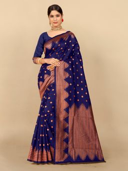 Rangita - Women Polka Dots Woven Banarasi Silk Saree with Unstitched Blouse - Navy Blue