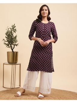 Rangita - Women Rayon Purple Tonal Placket Floral Printed Straight Kurta with Palazzo (Set of 2)