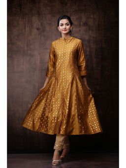 Juniper - Mustard Polka Dot Printed Chanderi Kalidar Women Kurta