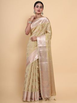 Mimosa - Women Traditional Kasavu Art Silk Beige Saree with Unstitched Blouse