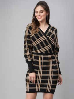 Mafadeny - Women Checks Long Sleeves V-Neck Viscose Black Knee length Winter Dress