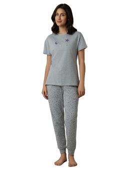 Amante - Women Knit Cotton Printed Grey T-Shirt with Joggers (Set of 2)