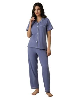 Amante - Women Knit Cotton Solid Purple Shirt with Pyjama (Set of 2)