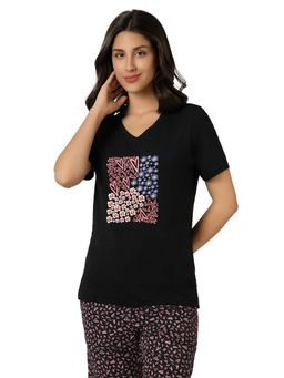 Amante - Women Knit Cotton Printed Black T-Shirt