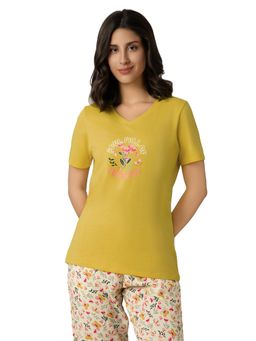 Amante - Women Knit Cotton Printed Yellow T-Shirt