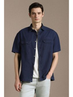 Louis Philippe - Men Navy Blue Solid Half Sleeves Casual Shirt