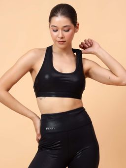 Fitkin - Womens Black Shine On Back Key Hole Sports Bra