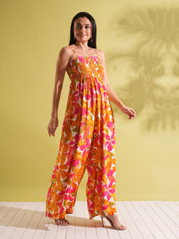 Globus - Women Orange Strappy Shoulder Floral Print Wide Leg Jumpsuit