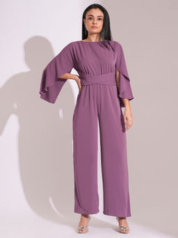 Globus - Women Purple Cape Sleeves Criss Cross Waist Tie-Up Detail Satin Party Jumpsuit