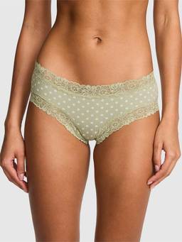 Victoria's Secret - Women Olive Polka Dot Printed Lace-Trim Cheeky Brief Panty