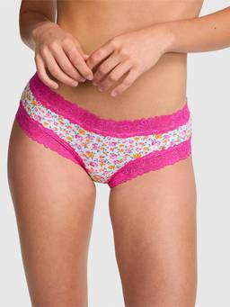Victoria's Secret - Women Pink Floral Printed Lace-Trim Cheeky Panty