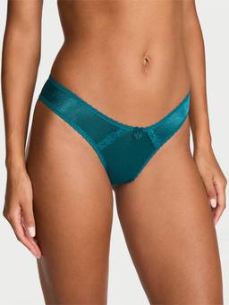 Victoria's Secret - Women Teal Sheer Shimmer Lace-Trim Brazilian Thong