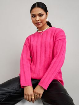 Styli - Pink Regular Length Round Neck Ribbed Oversized Sweater
