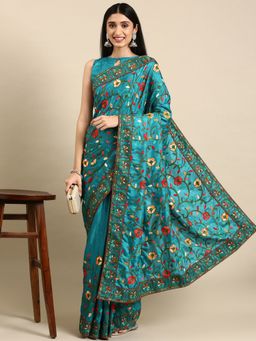 VAIRAGEE - Turquoise Blue Dolla Silk and Kashmiri Work Saree with Unstitched Blouse