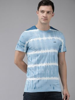 The Bear House - Men Aqua Blue Tie And Dye Slim Fit Crew Neck Tshirt