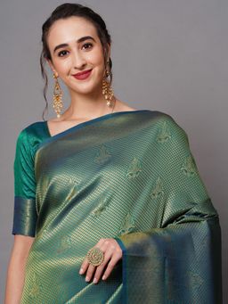 Sareemall - Teal Green Festive Silk Blend Woven Design Saree with Unstitched