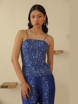 Muvazo - Blue Chanderi Printed Fitted Top