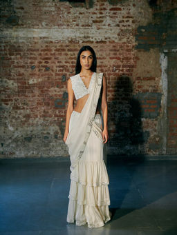 Asaga - Ivory Florz Satin Organza Drape Saree with Stitched Blouse