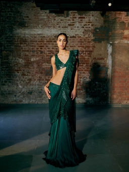 Asaga - Green Wave E.G Satin Organza Drape Saree with Stitched Blouse