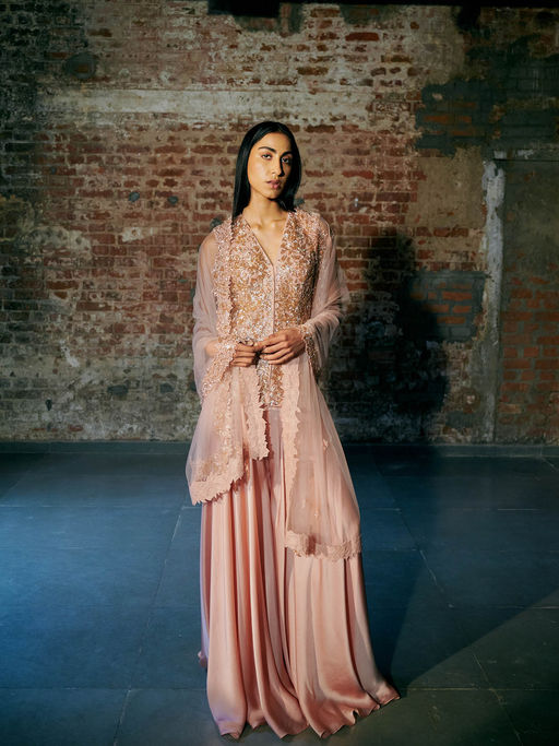 Buy Asaga Rose Gold Mist Satin Organza Flared Sharara with Jacket and  Dupatta (Set of 3) (XS) Online