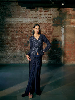 Asaga - Navy Blue Jonqal Jacket with Lehenga (Set of 2)