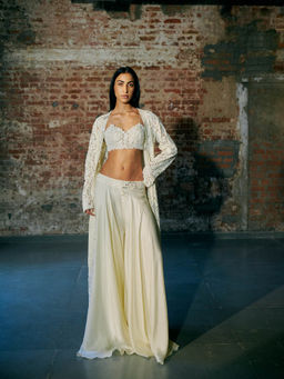 Asaga - Ivory Crescent Blouse with Long Jacket and Palazzo (Set of 3)