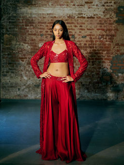 Asaga - Red Bucky Blouse with Long Jacket and Palazzo (Set of 3)