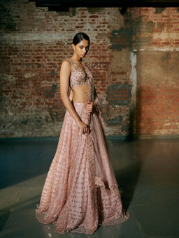 Asaga - Rose Gold Swarm Lehenga with Blouse and Dupatta (Set of 3)