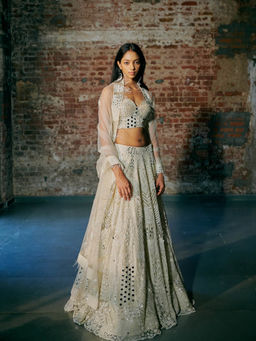 Asaga - Ivory Swirl Tulle Blouse with Lehenga and Dupatta (Set of 3)