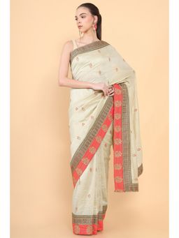 Soch - Women Off White Silk Embroidered Saree with Unstitched Blouse