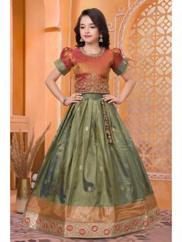 Lagorii - Girls Green Silk Blend Choli with Lehenga