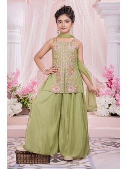 Lagorii - Girls Green Organza Top with Palazzo and Dupatta