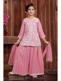 Lagorii - Girls Pink Organza Kurti with Palazzo and Dupatta