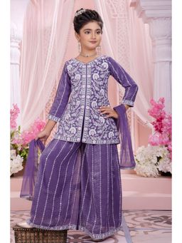 Lagorii - Girls Purple Organza Kurti with Palazzo and Dupatta